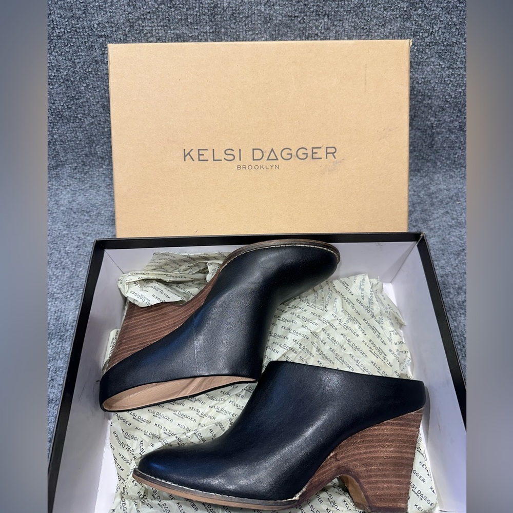 Kelsi Dagger Black Leather Wedge Mule with Wood-Effect Heel TY0140